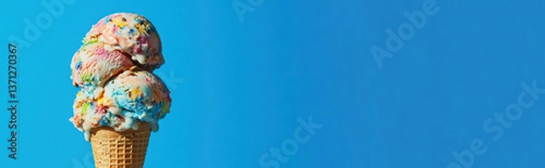 Obraz Vibrant Ice Cream Cone on a Wide Blue Background with Space for Text – Perfect for Summer, Advertising, and Dessert Promotions