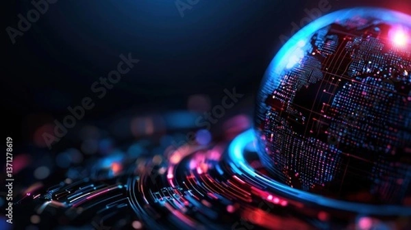 Obraz Futuristic digital globe surrounded by vibrant light patterns and abstract technology elements