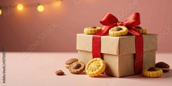 Fototapeta A delightful gift box tied with a vibrant red ribbon, overflowing with sweet, buttery cookies, ready for a special occasion.