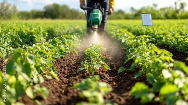 Fototapeta A farmer operates a crop spraying machine in a lush green field, applying necessary treatment to growing plants under clear skies. The scene captures the vibrant agricultural work in progress