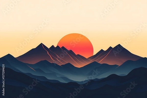 Fototapeta Flat mountains with a sun rising behind them, depicted in warm gradient tones with minimalistic details