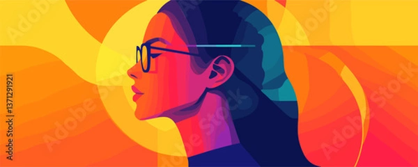 Fototapeta Colorful side profile of woman with glasses in abstract style - vector
