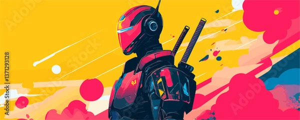 Fototapeta Futuristic robotic warrior with swords on vivid background - vector