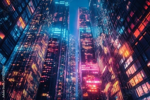 Fototapeta Futuristic skyscrapers with glowing windows in a cyberpunk cityscape