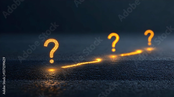 Fototapeta Glowing Question Marks On Dark Surface