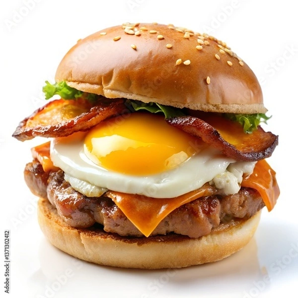 Fototapeta Fried egg and bacon brunch burger isolated on a white background