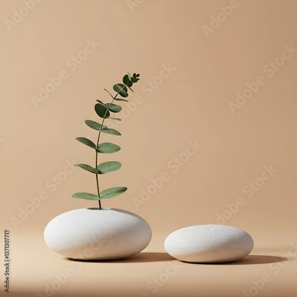Obraz Eucalyptus branch in stone vase on beige background