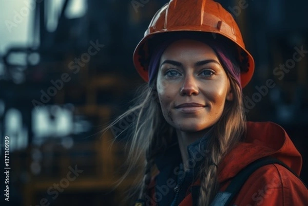Fototapeta Portrait of a female worker on oil platform