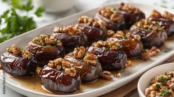 Fototapeta Iranian ranginak stuffed dates walnuts and flour coating arranged in rows on white dish