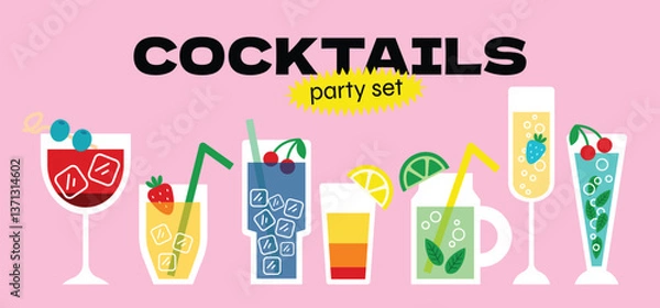 Obraz Cartoon stickers of colorful cocktails and refreshing drinks. Doodle elements of tropical beverages, fruit garnishes, ice cubes, and party vibes. Vector trendy illustration for summer, bar menu