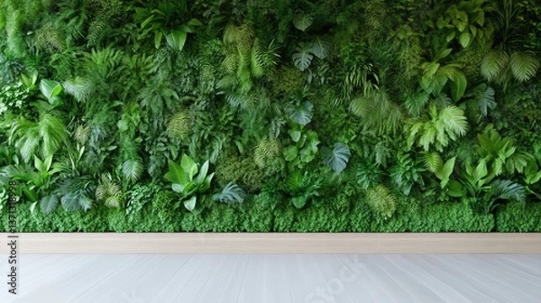 Fototapeta Lush green vertical garden wall in modern interior.  A vibrant display of various foliage fills a wall, creating a tranquil and natural atmosphere.  The light-colored wooden floor completes the space
