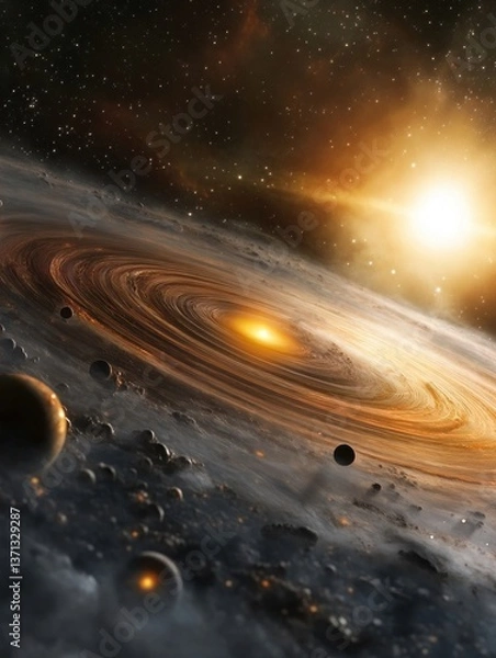 Fototapeta planetary system forming from a protoplanetary disk exhibiting different stages of planetary evolution amidst the radiant glow