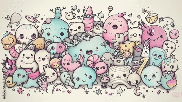 Fototapeta Cute cartoon doodles seamless pattern