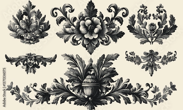 Fototapeta Elegant floral ornaments and decorative elements on beige background, intricate design vector