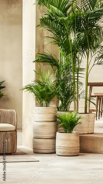 Fototapeta Photo Indoor Palm Plants in Stone Pots with Sunshine and Shadows