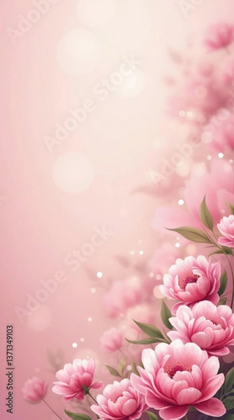 Fototapeta Mother's Day dreamy vertical poster or banner with an abstract blurred bokeh background and lush blooming pink peonies. Copy space included, with space reserved for adding text