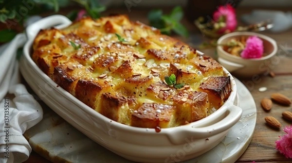 Fototapeta Pakistani shahi tukda bread pudding saffron milk and almonds arranged on a white platter