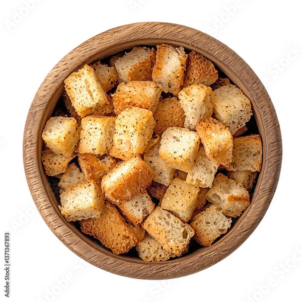 Fototapeta Golden crispy croutons in wooden bowl, seasoned bread cubes for salad or soup garnish, isolated on transparent or white background for food styling