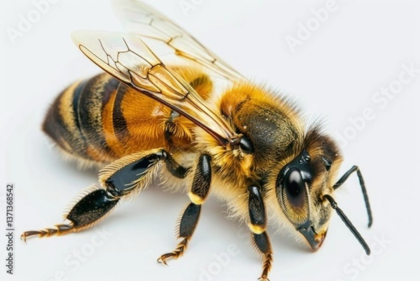 Fototapeta Close Up of a Solitary Bee Isolated on a Plain White Background for Enhanced Visibility