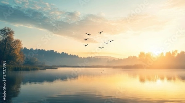 Fototapeta Birds flying over a peaceful natural landscape, creating a sense of freedom and tranquility