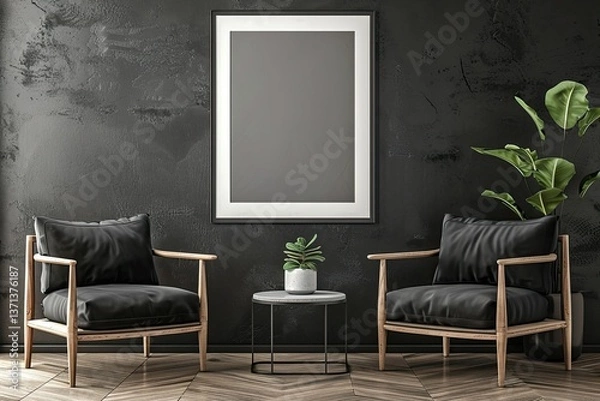 Fototapeta Sharp Image of Grey Living Room with Two Armchairs and a Square Poster