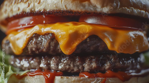 Fototapeta Juicy cheeseburger with melted cheddar and fresh greens