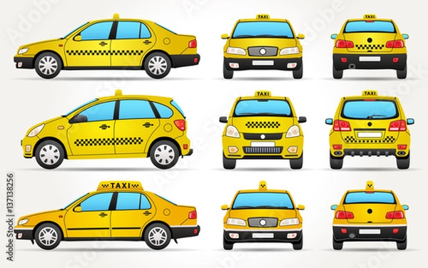 Fototapeta Yellow Taxi Car, Sedan and SUV type, From 3 views - Side, Front and Back view, Isolated on White Background