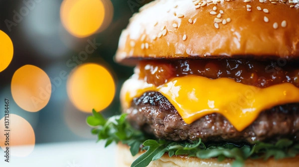 Fototapeta Juicy cheeseburger with melted cheddar and fresh greens