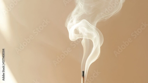 Fototapeta A poetic image of incense burning, rising stream of smoke forming ethereal shapes, set against a soft and seamless light brown gradient