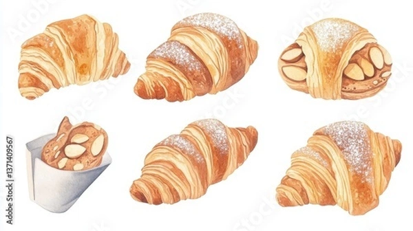Obraz Flaky almond croissants beautifully arranged with a croissant in the center on a charming watercolor background