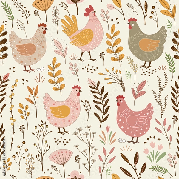 Obraz Floral seamless pattern with cute cartoon chickens  on white background