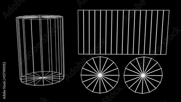 Obraz 2d UV map derived from cylinder. Unwrapped 3d cylindrical mesh model. Flat 2d UV planar map generated from a 3-dimensional object. 3d render illustration.