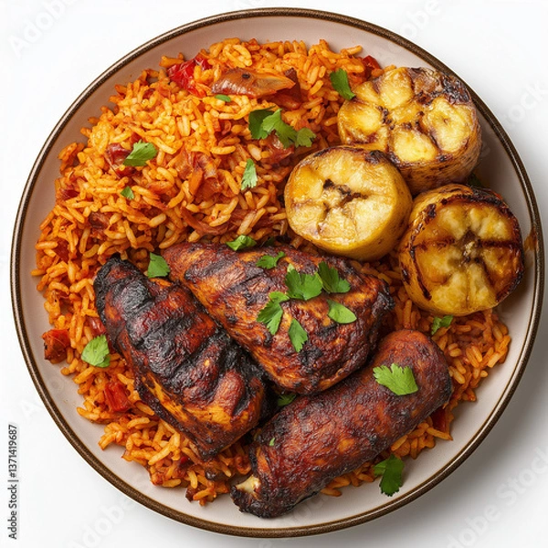 Fototapeta Nigerian Jollof Rice Served with Fried Plantain and Flavored Chicken