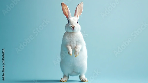 Fototapeta white rabbit in standing pose isolated on blue