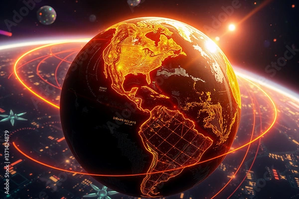 Fototapeta A glowing planet resembling Earth with orange continents is encircled by bright rings in space. A digital and futuristic representation of a global network.