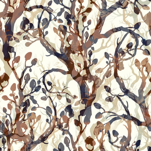 Fototapeta Stylized seamless pattern of abstract tree branches with watercolor texture and organic shapes. Dynamic lines and natural forms create a rhythmic forest-inspired composition.