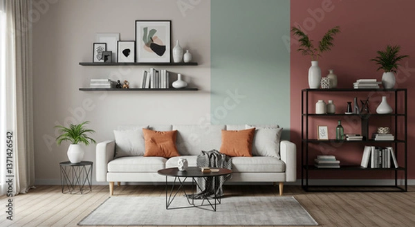 Fototapeta A serene living room, showcasing minimalist design and calming earth tones, featuring a plush sofa, stylish shelving, and curated decor, creating a peaceful atmosphere.