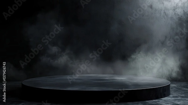 Fototapeta Podium black dark smoke background product platform abstract stage texture fog spotlight. Dark black floor podium dramatic empty night room table concrete wall scene place display.