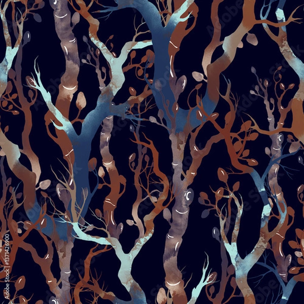 Fototapeta Stylized seamless pattern of abstract tree branches with watercolor texture and organic shapes. Dynamic lines and natural forms create a rhythmic forest-inspired composition.