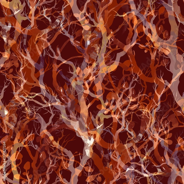 Fototapeta Stylized seamless pattern of abstract tree branches with watercolor texture and organic shapes. Dynamic lines and natural forms create a rhythmic forest-inspired composition.
