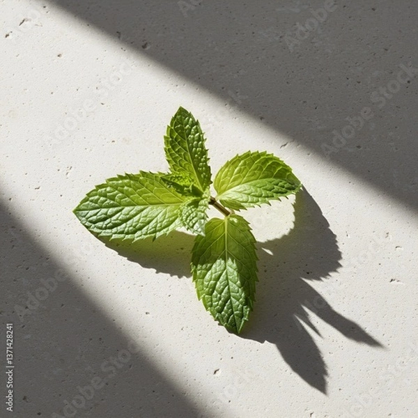 Obraz Fresh mint leaves on beige stone surface with sunlight and shadow