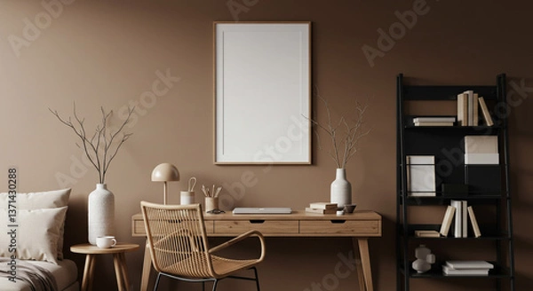 Fototapeta A serene minimalist bedroom workspace bathed in warm, earthy tones, featuring a cozy wooden desk, natural elements, and a calming atmosphere.