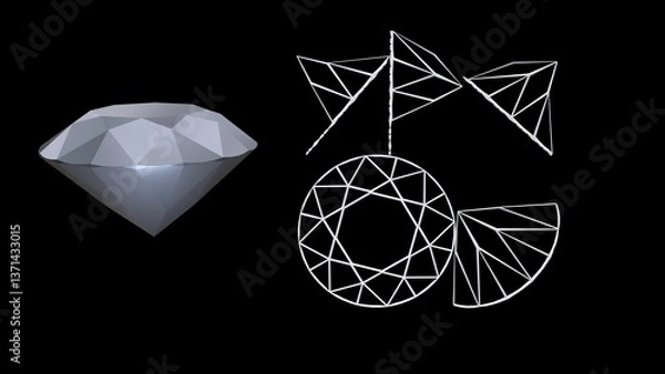 Obraz 2d UV map derived from diamond. Unwrapped 3d diamond mesh model. Flat 2d UV planar map generated from a 3-dimensional object. 3d render illustration.