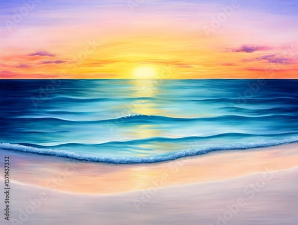 Fototapeta Photo Of A Sunset Over The Ocean Waves and Sandy Beach in Vibrant Colors