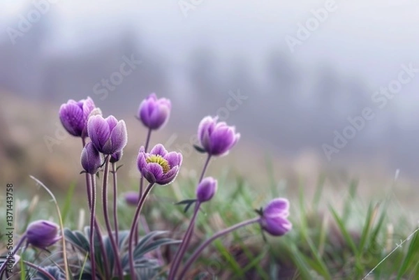 Fototapeta In the early spring, there is an open grassland in the Dabie Mountains where purple Paeonia flowers