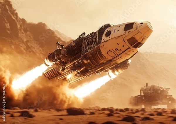 Fototapeta Mars ascent vehicle lifting off, showing the intensity of the thrust and the reflection of the ignition on the nearby rovers