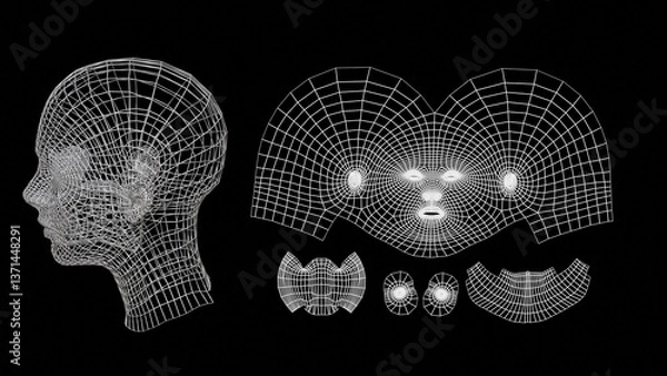 Obraz 2d UV map next to human face. Unwrapped 3d female model. Flat 2d UV planar map generated from a 3-dimensional wireframe human head.  3d render illustration