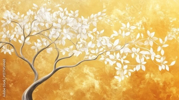 Fototapeta Elegant Minimalist Tree with White Leaves against a Vibrant Golden Background for Serenity and Nature Themes