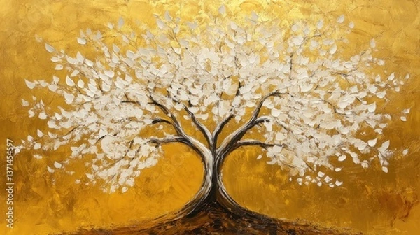 Fototapeta White Tree with Golden Background, Symbolizing Growth, Change, and Serenity in Nature's Beauty