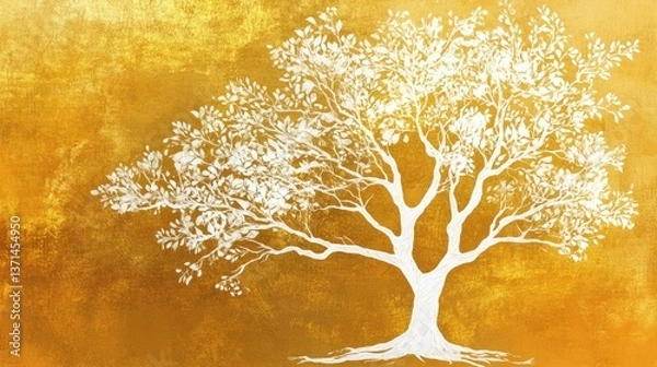 Fototapeta White Tree Against Golden Background with Detailed Branches and Leaves in Artistic Style